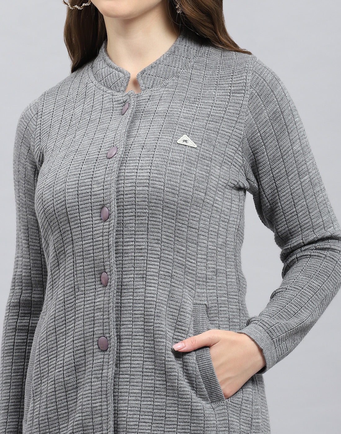 Women Grey Self Design Round Neck Full Sleeve Knitted coat - Image 7