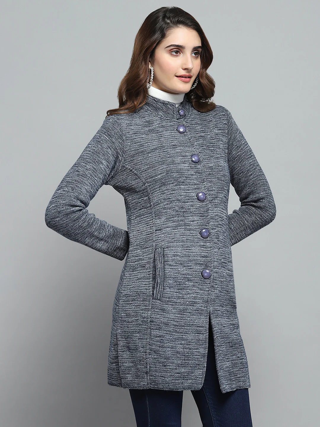 Women Grey Self Design Round Neck Full Sleeve Knitted Coat - Image 3