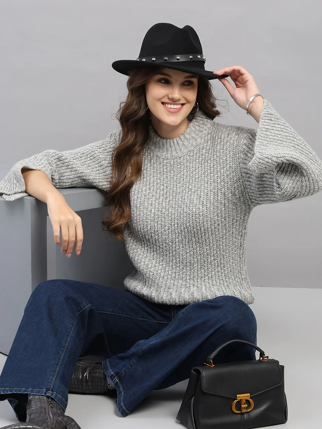 Women Grey Self Design Round Neck Full Sleeve Winter Top - Image 2
