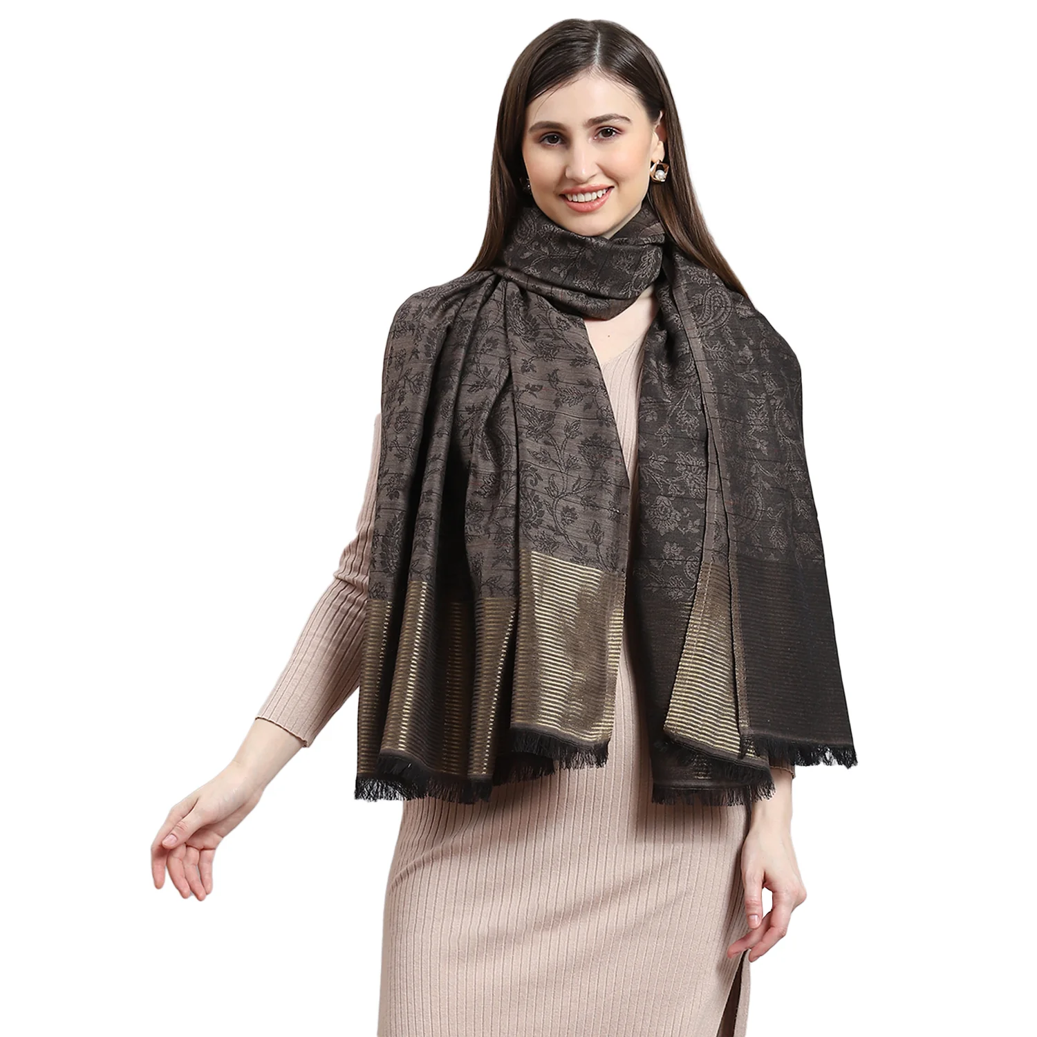 Women Grey Self Design Shawl - Image 5