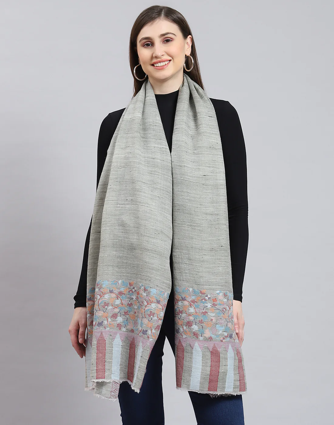 Women Grey Self Design Shawl - Image 3
