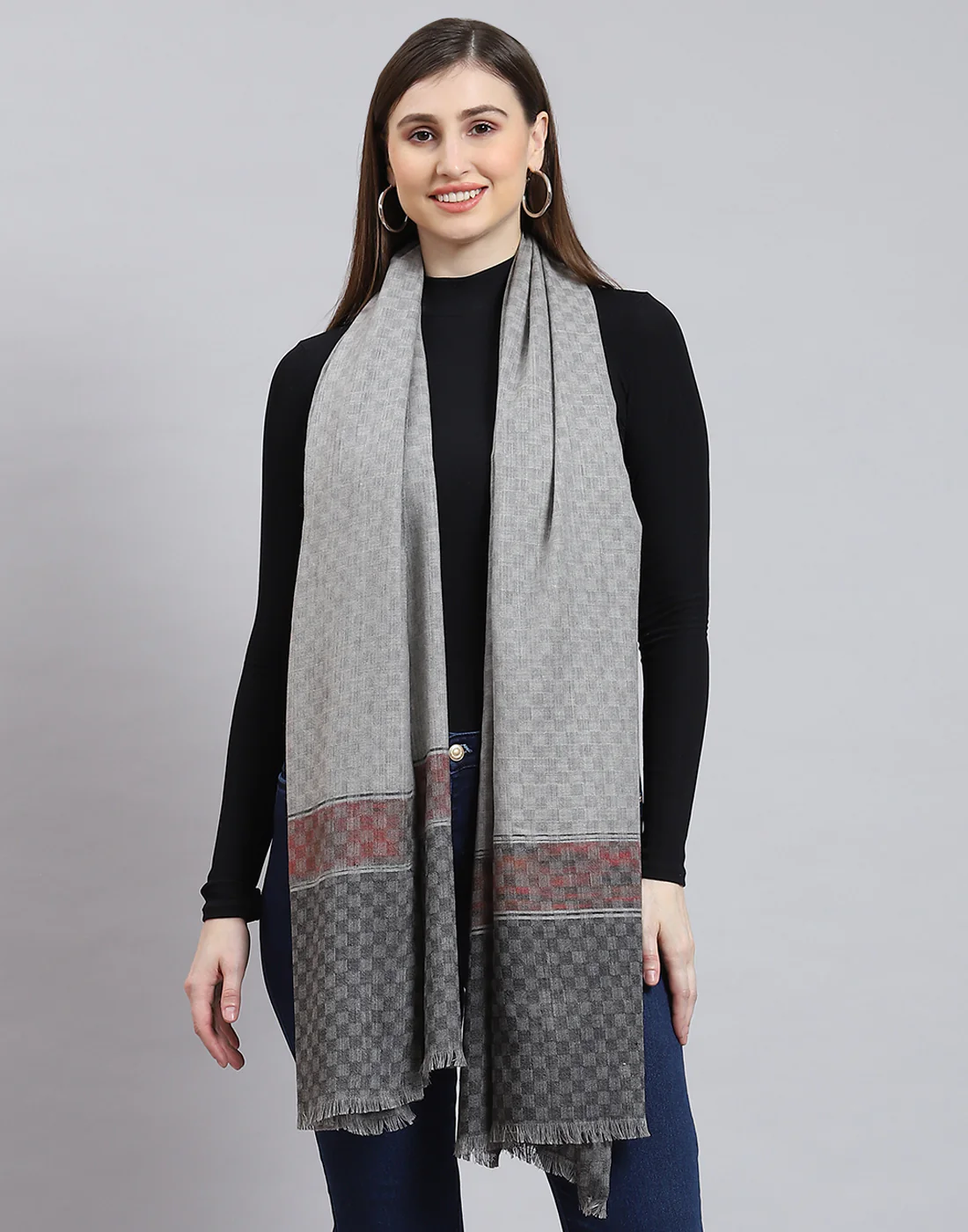 Women Grey Self Design Shawl - Image 2