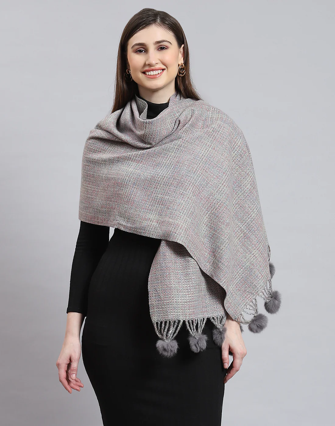 Women Grey Self Design Stole - Image 2