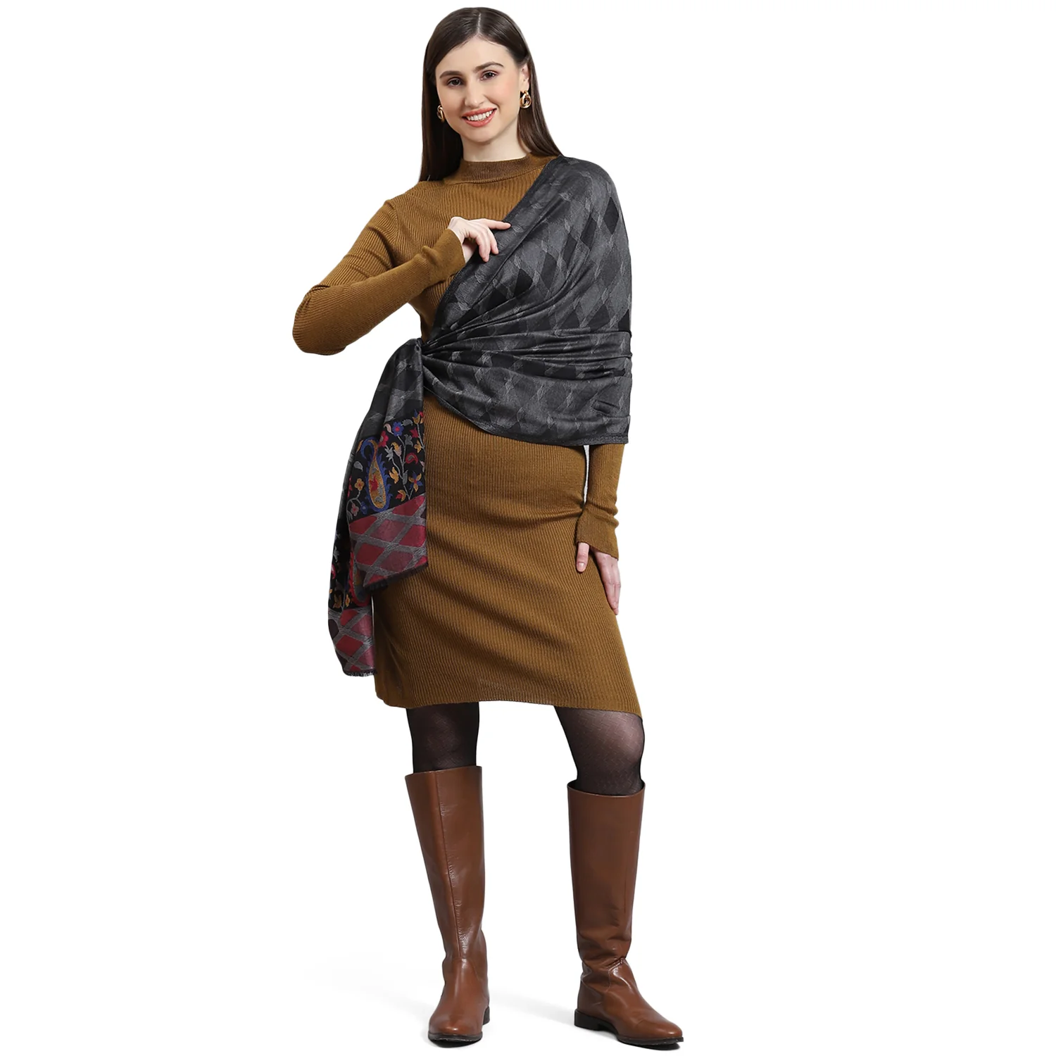 Women Grey Self Design Stole - Image 6