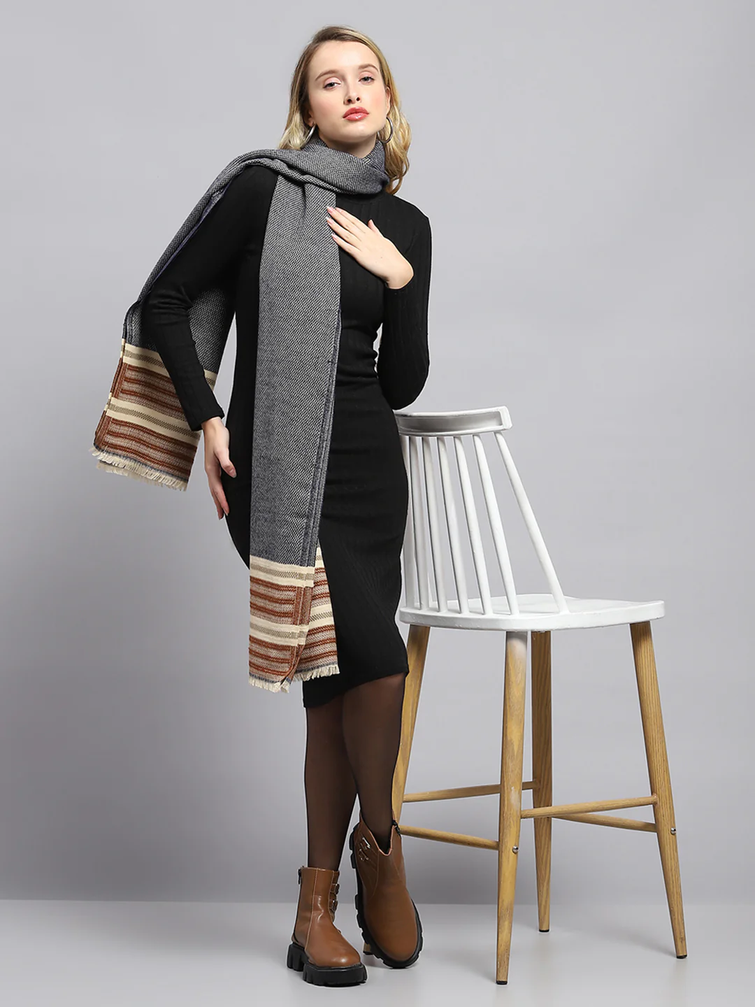 Women Grey Self Design Stole - Image 2