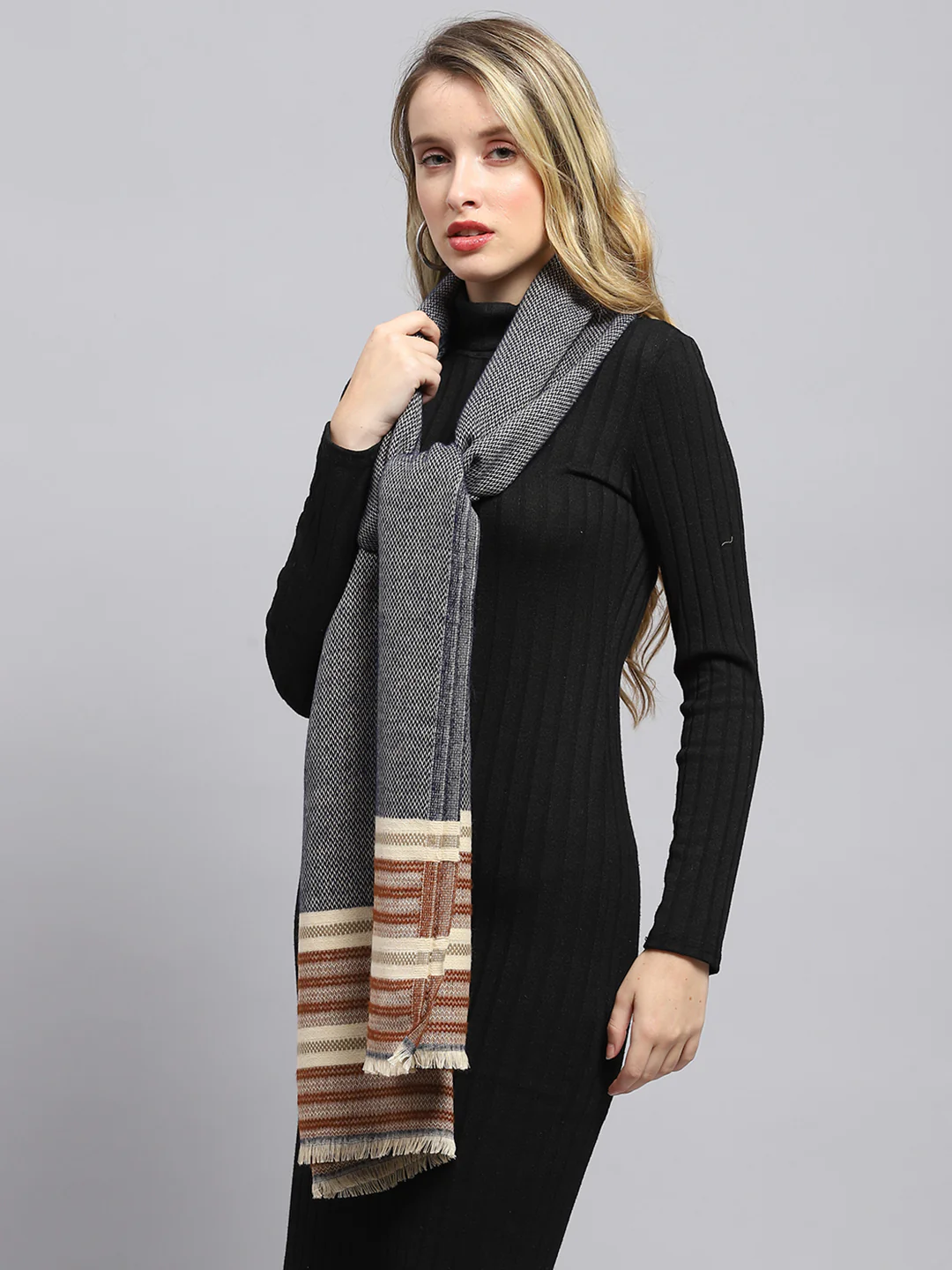 Women Grey Self Design Stole - Image 4