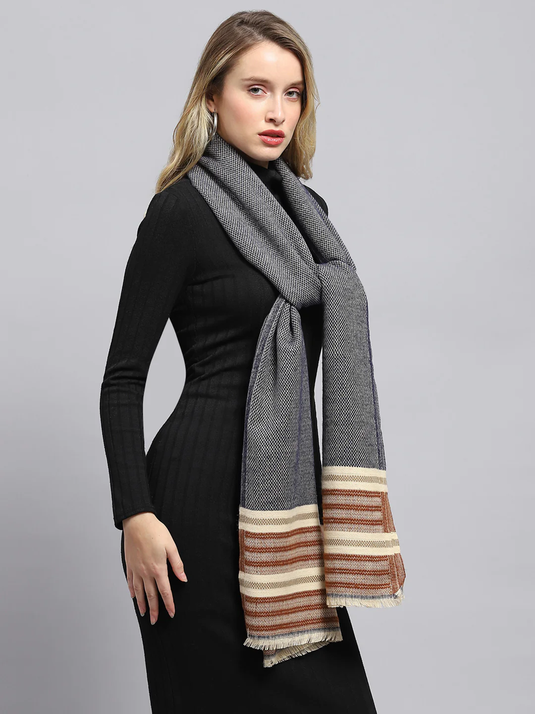 Women Grey Self Design Stole - Image 5