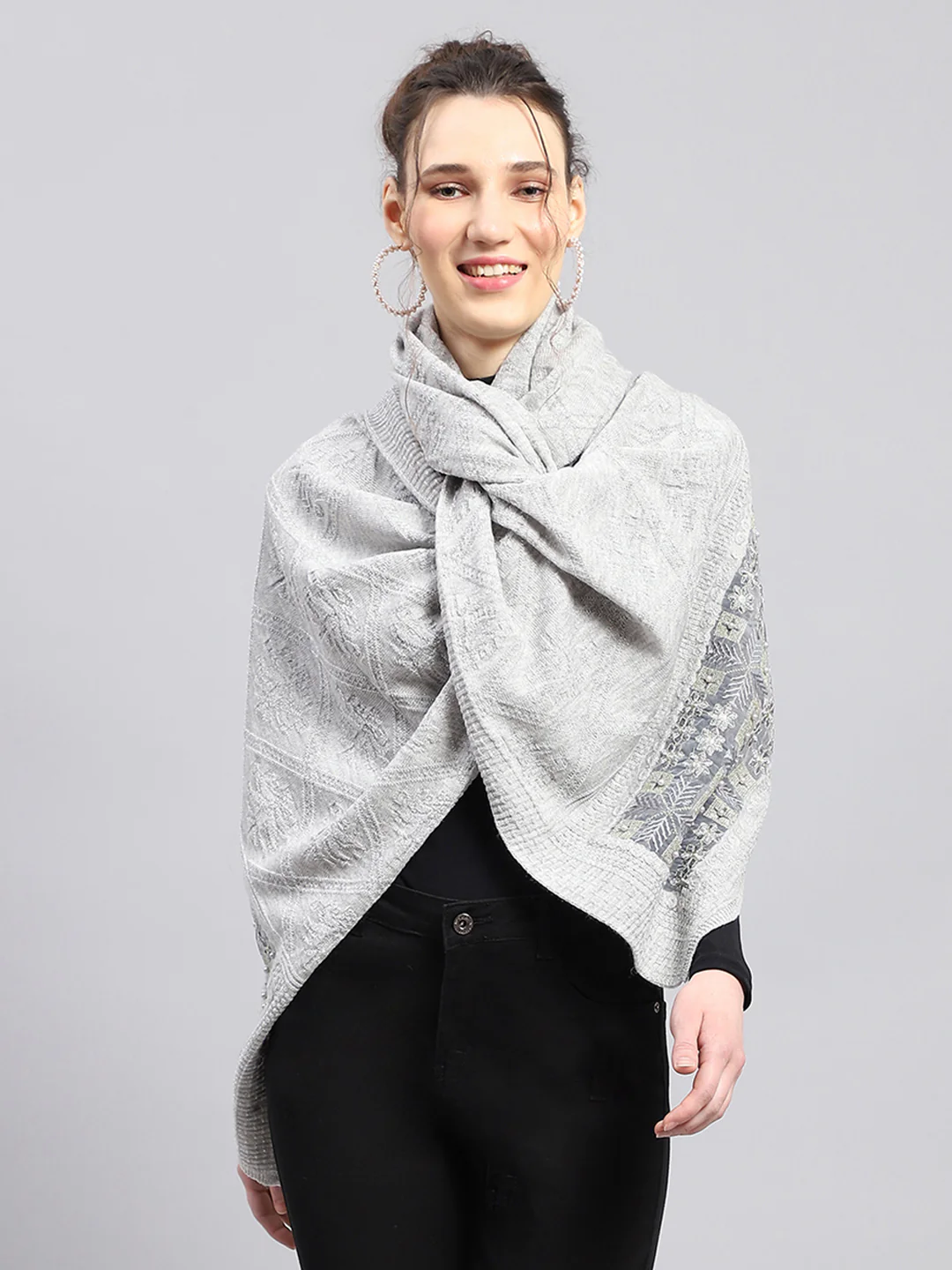 Women Grey Self Design Stole - Image 3