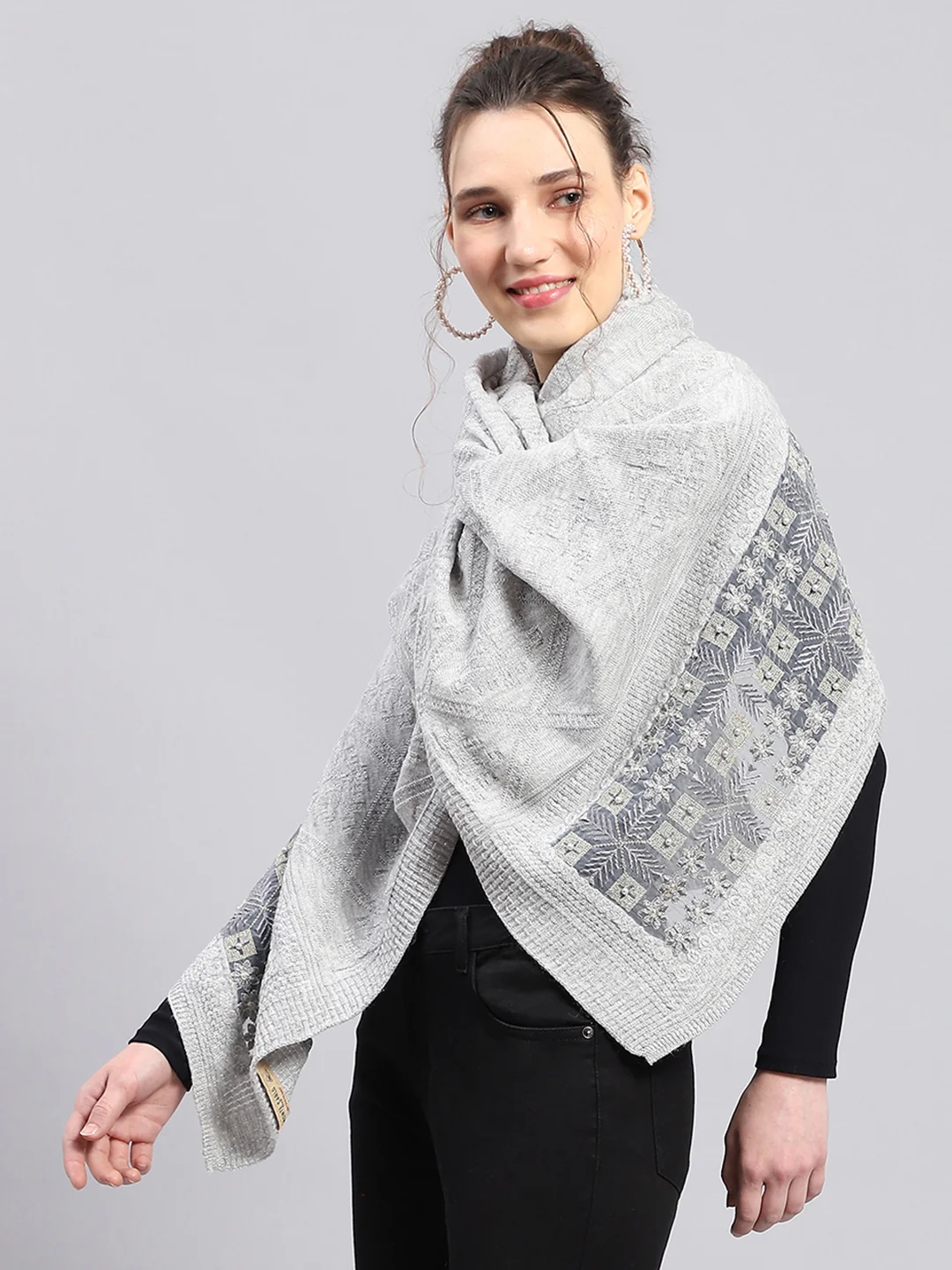 Women Grey Self Design Stole - Image 4