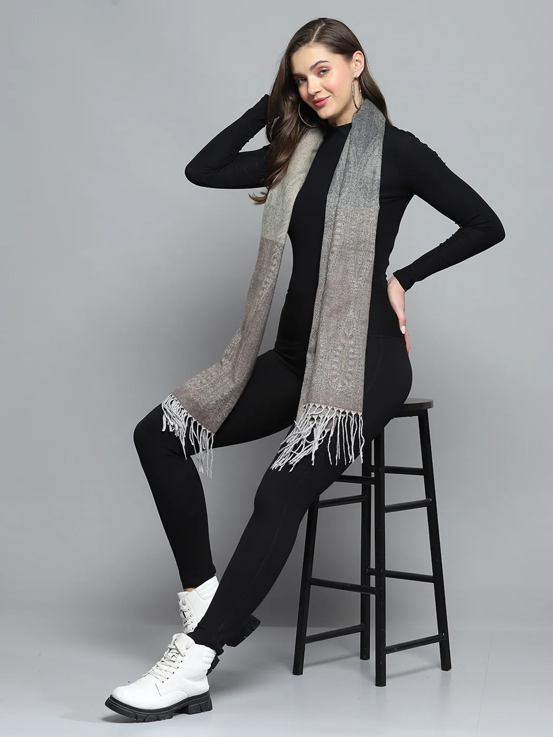 Women Grey Self Design Stole - Image 2