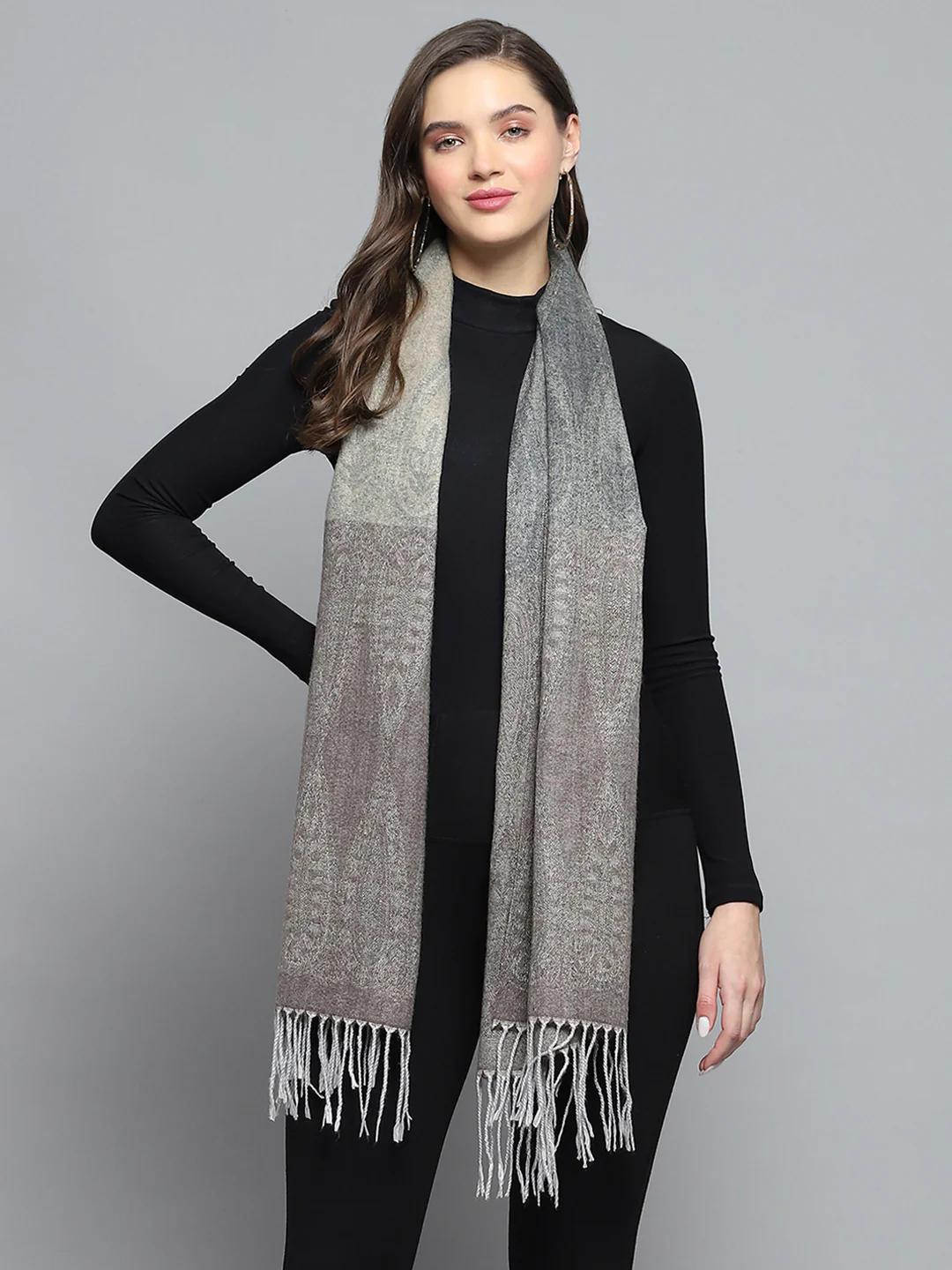 Women Grey Self Design Stole - Image 3