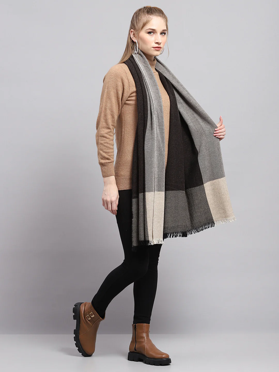 Women Grey Self Design Stole - Image 4