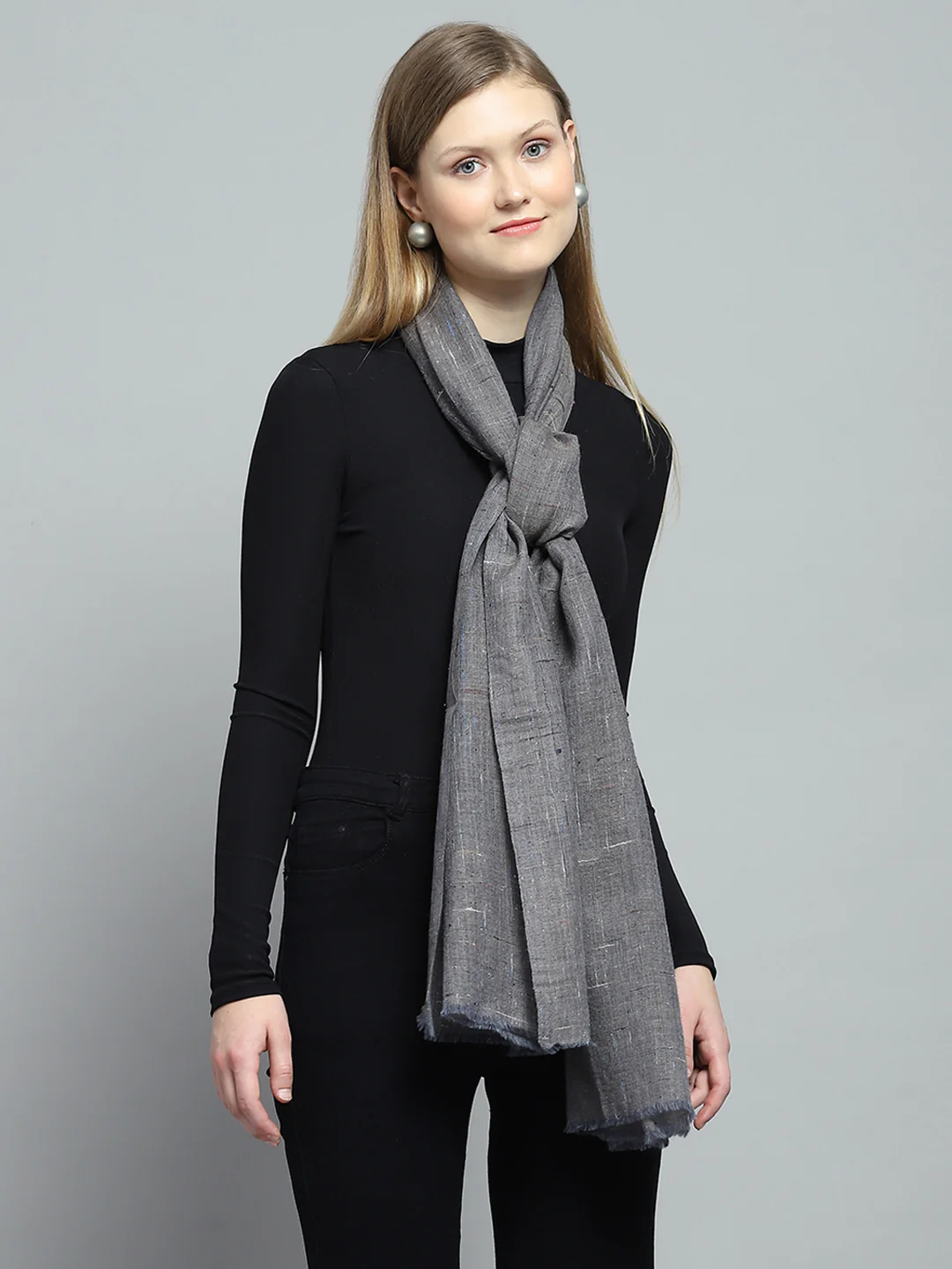 Women Grey Self Design Stole - Image 4