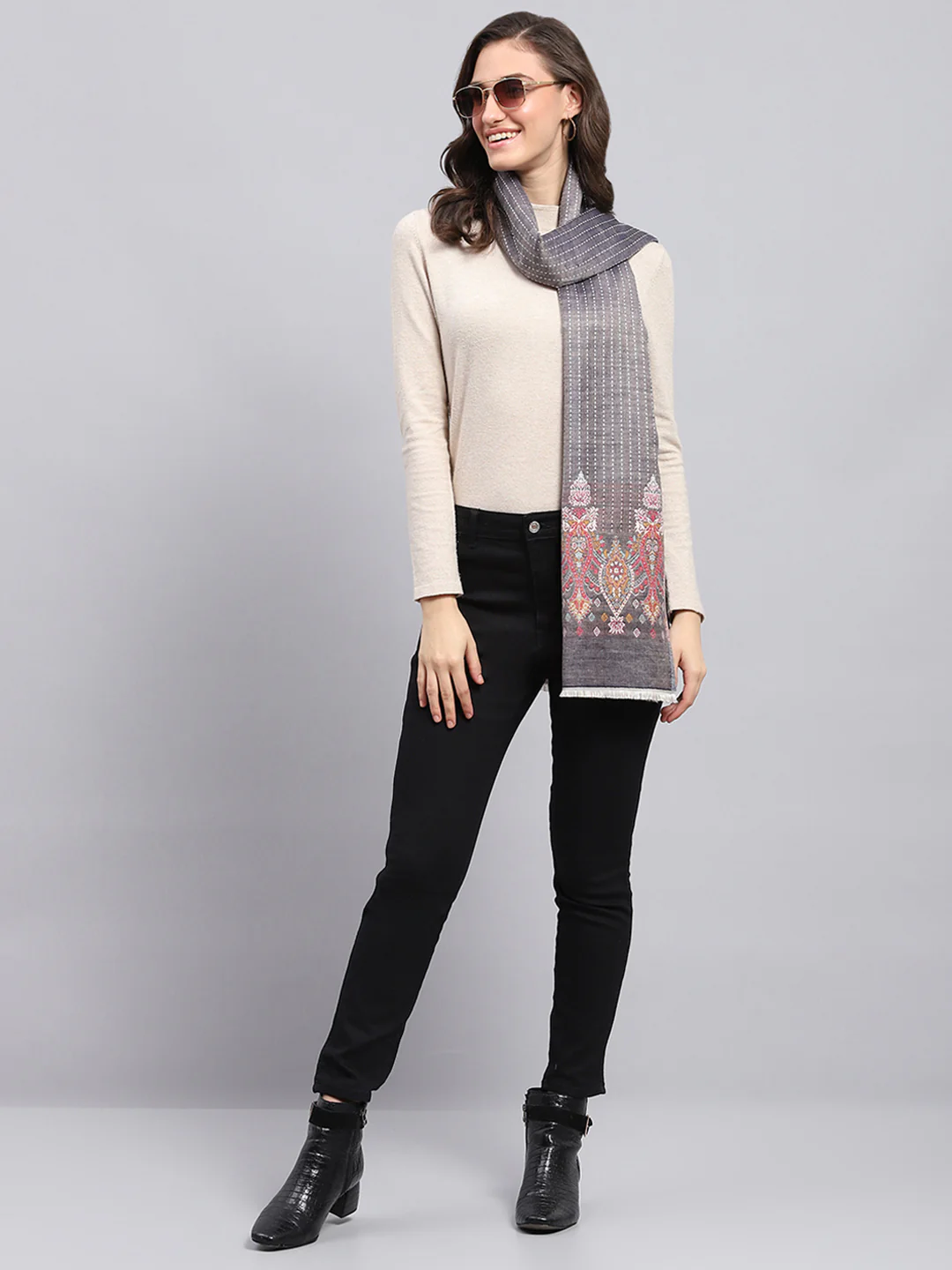 Women Grey Self Design Stole - Image 2