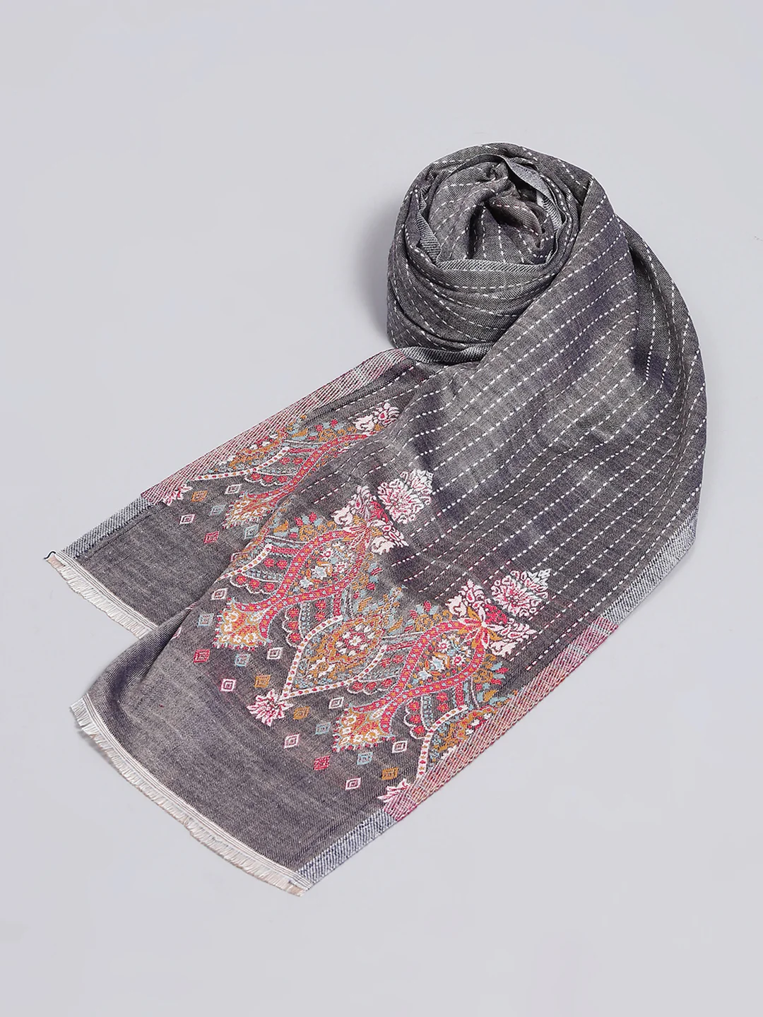 Women Grey Self Design Stole - Image 6