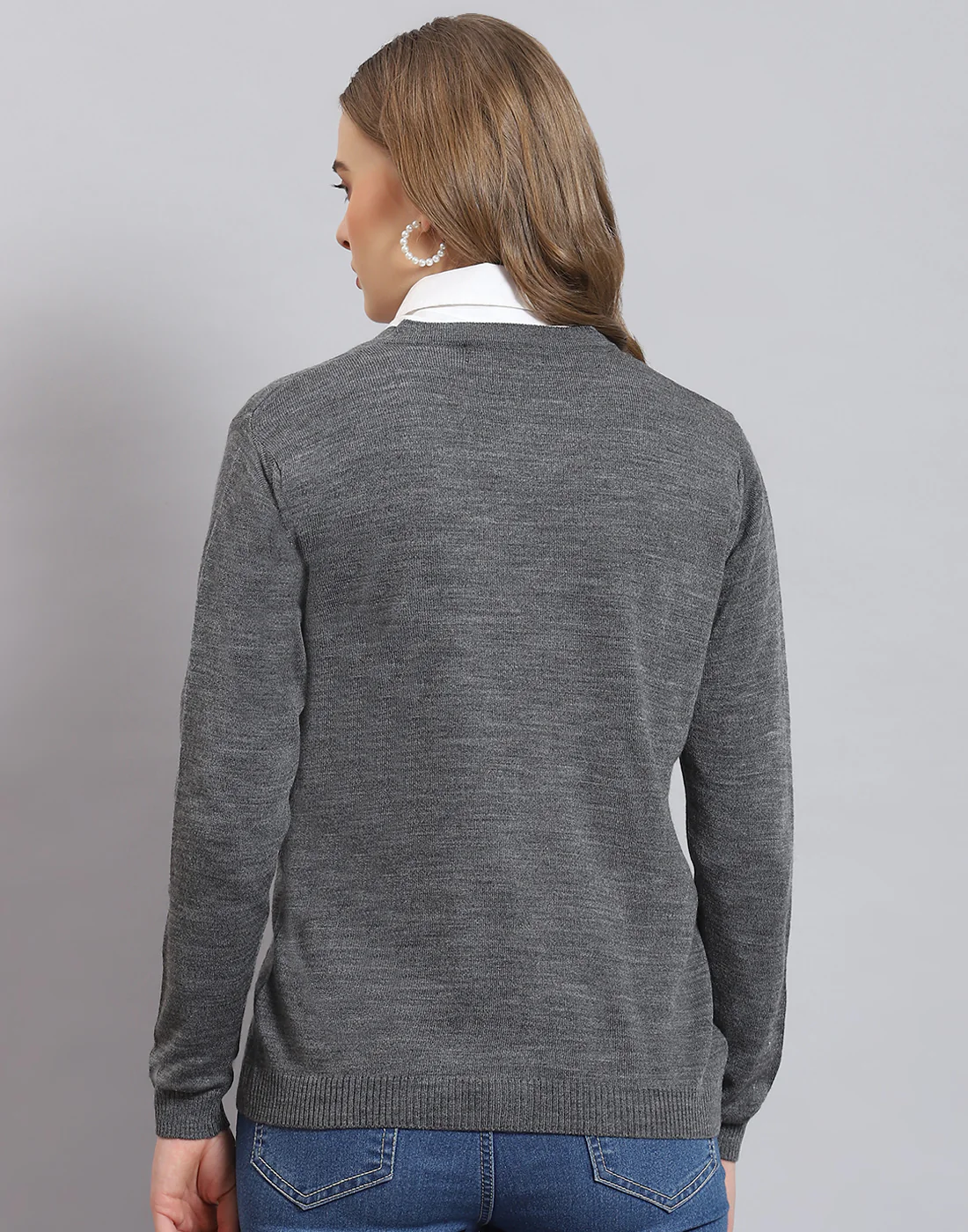 Women Grey Self Design V Neck Full Sleeve Cardigan - Image 5