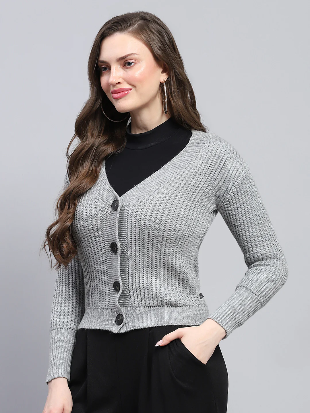 Women Grey Self Design V Neck Full Sleeve Cardigan - Image 3