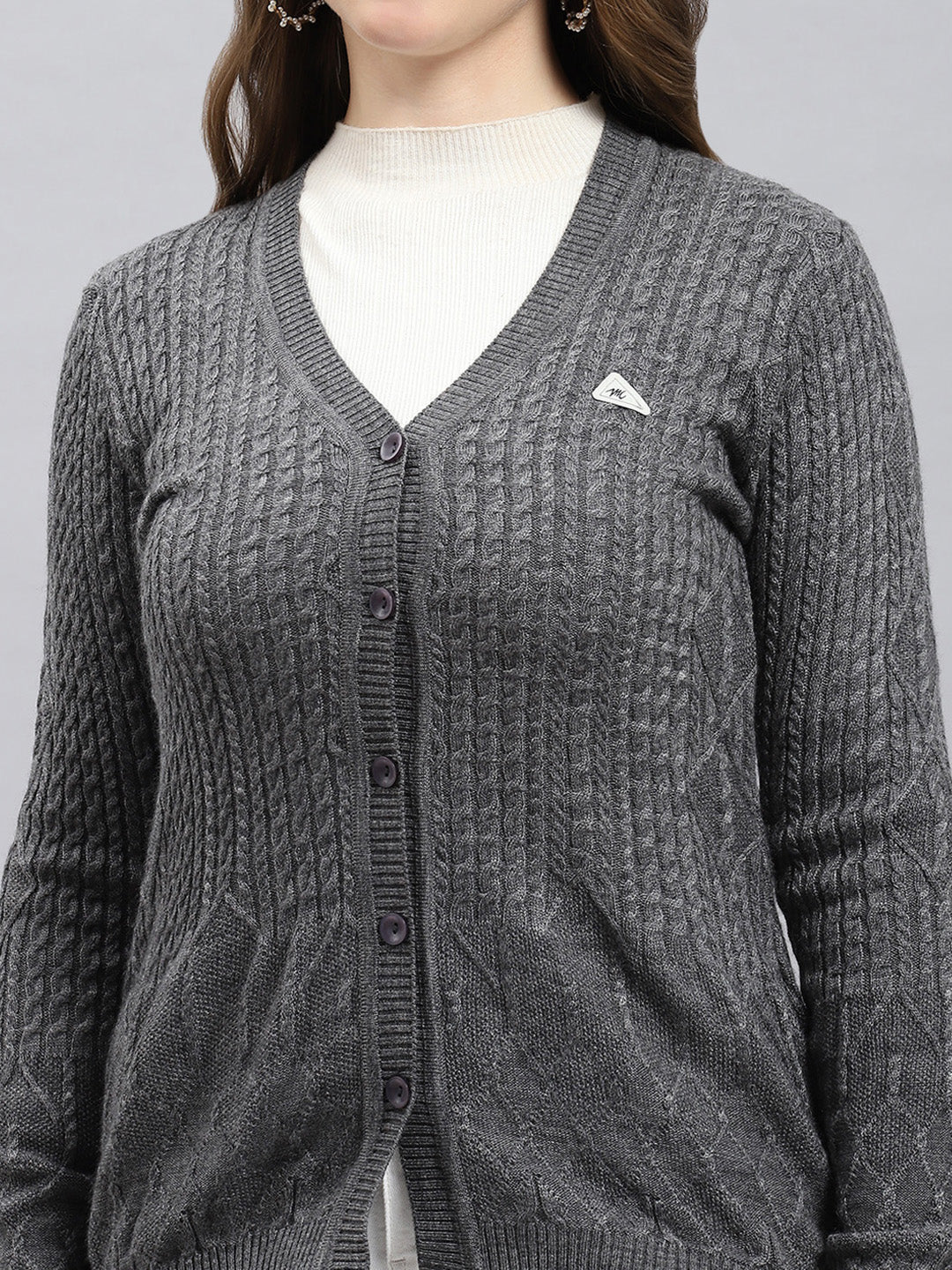 Women Grey Self Design V Neck Full Sleeve Cardigan - Image 6