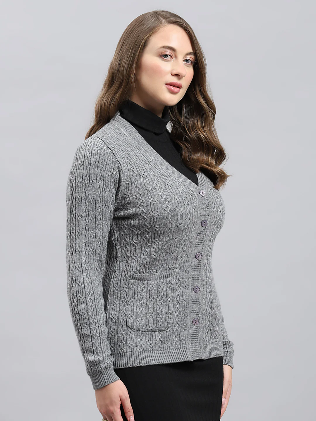 Women Grey Self Design V Neck Full Sleeve Cardigan - Image 3