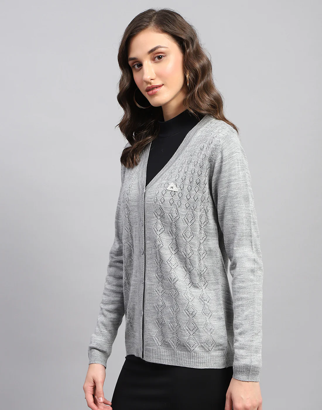 Women Grey Self Design V Neck Full Sleeve Cardigan - Image 4