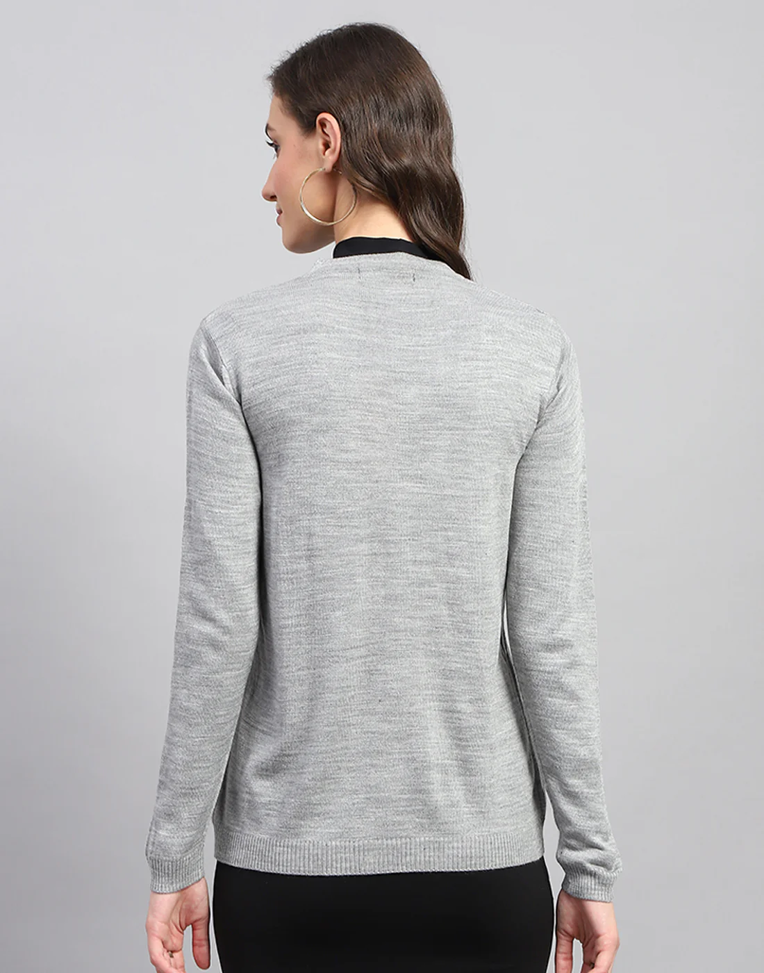 Women Grey Self Design V Neck Full Sleeve Cardigan - Image 6