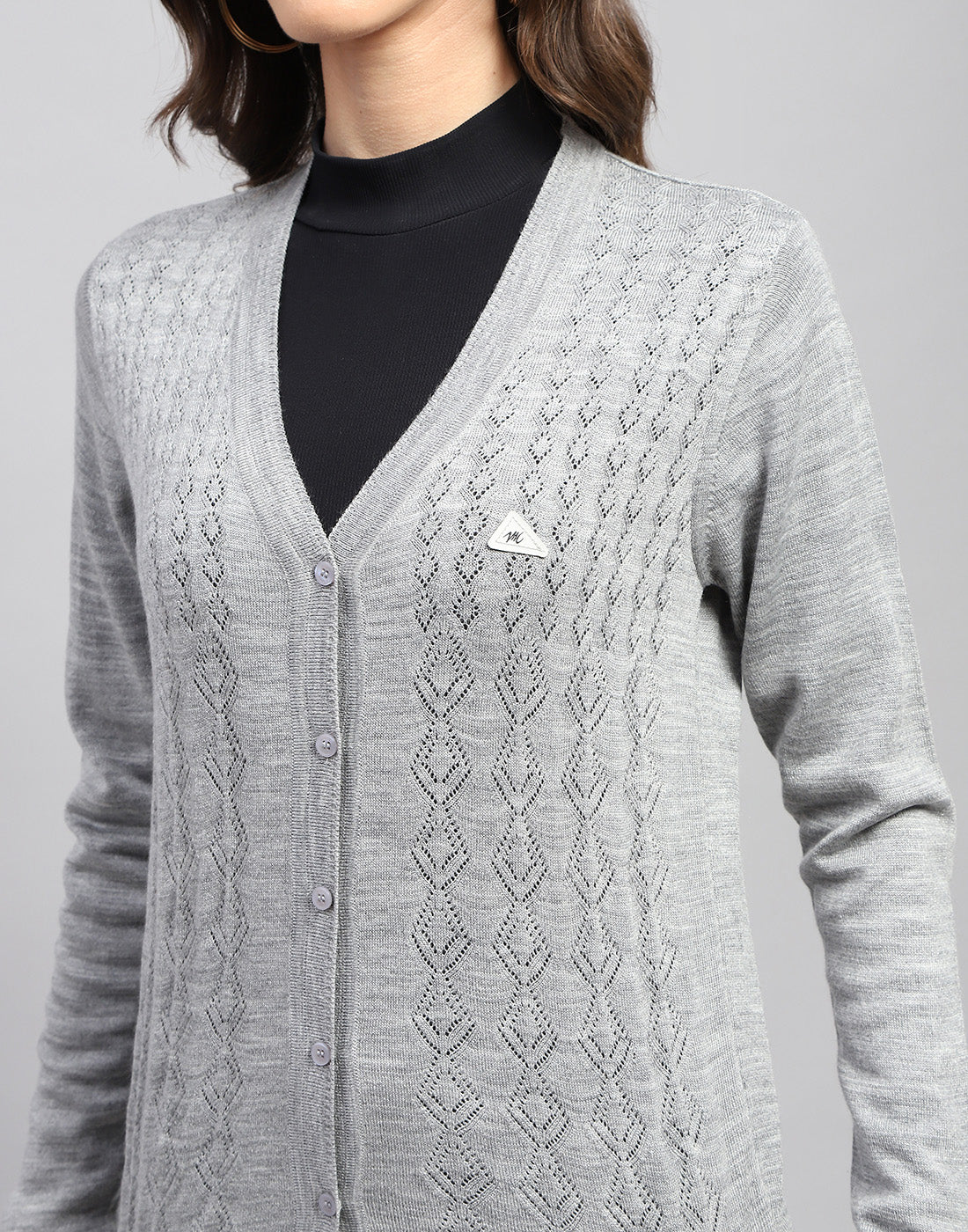 Women Grey Self Design V Neck Full Sleeve Cardigan - Image 7