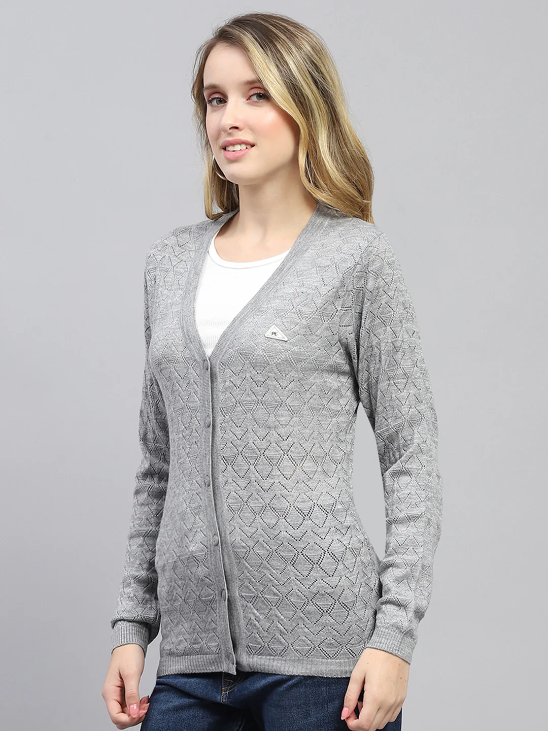 Women Grey Self Design V Neck Full Sleeve Cardigan - Image 3