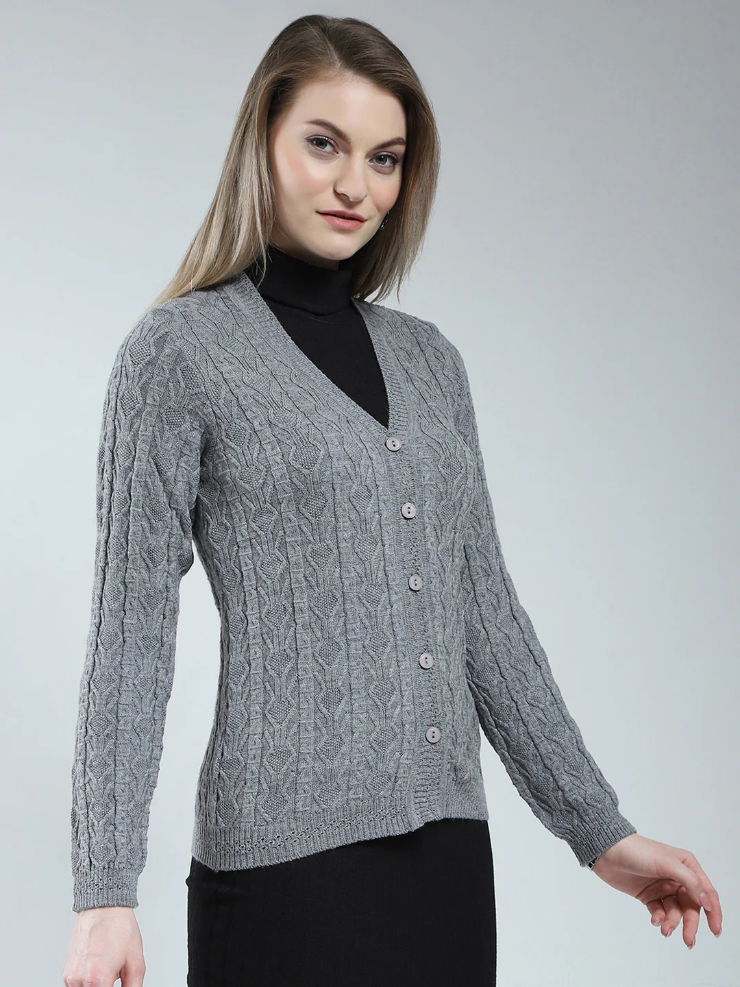 Women Grey Self Design V Neck Full Sleeve Cardigan - Image 4