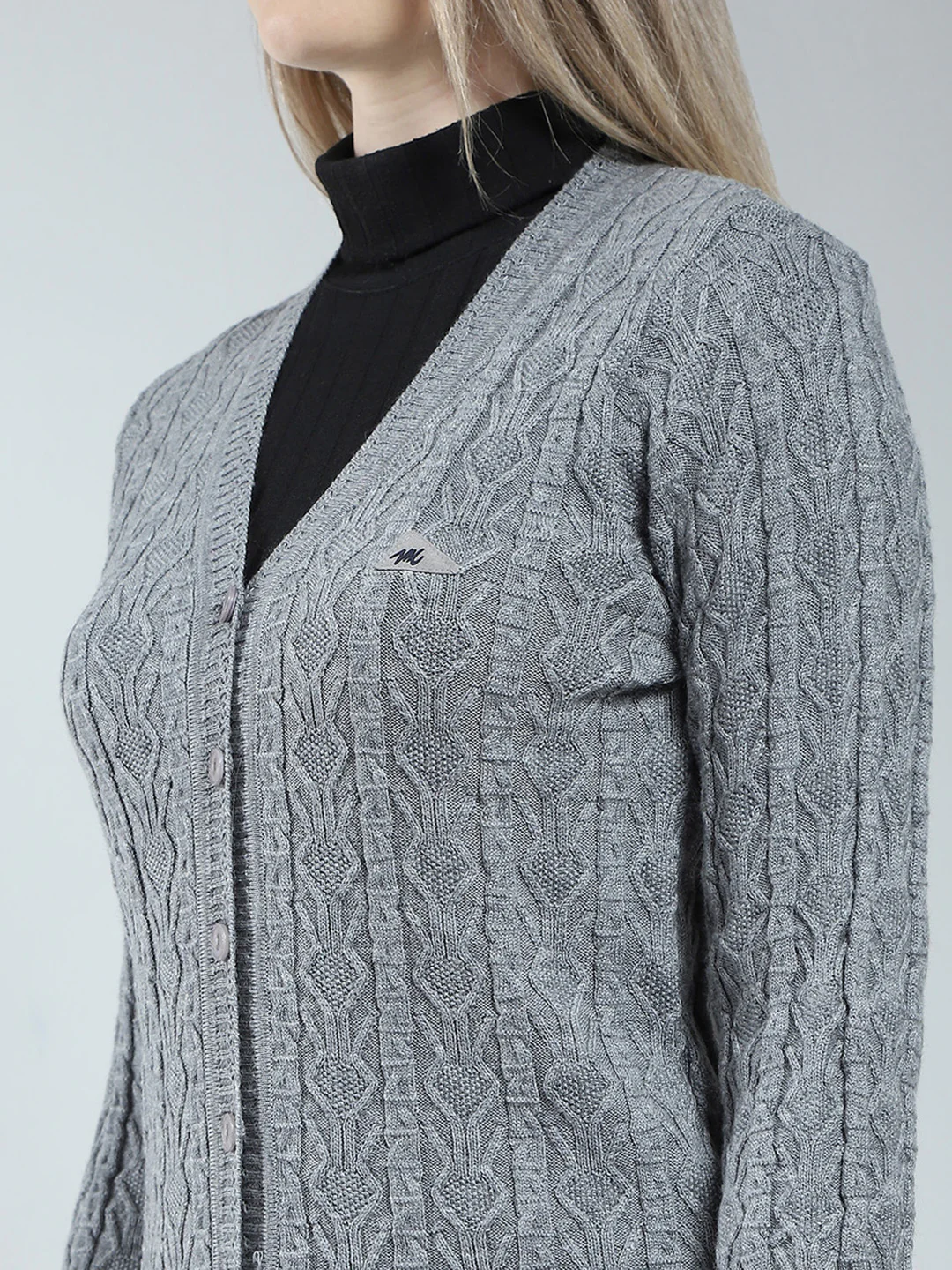 Women Grey Self Design V Neck Full Sleeve Cardigan - Image 6