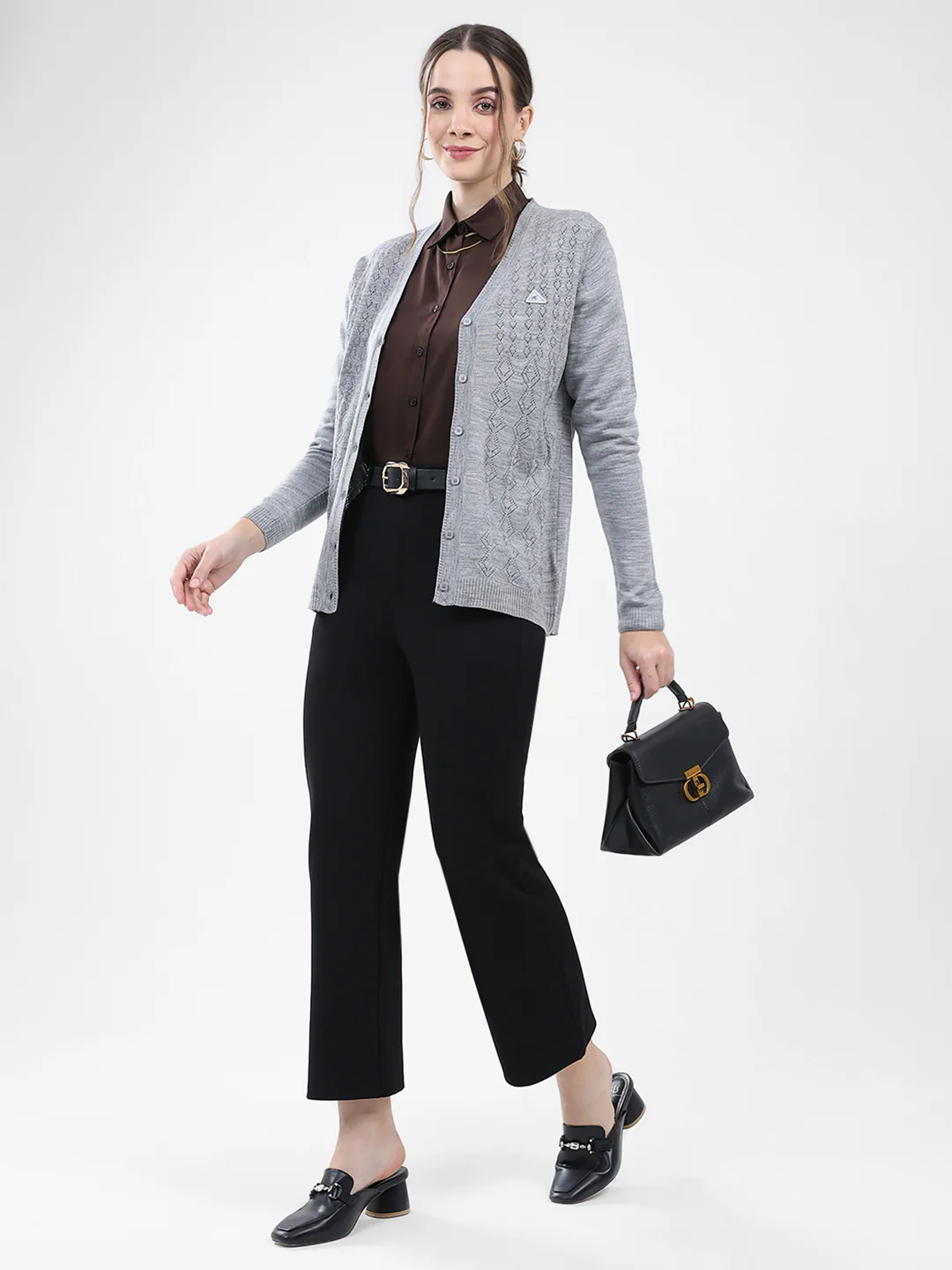 Women Grey Self Design V Neck Full Sleeve Cardigan - Image 2