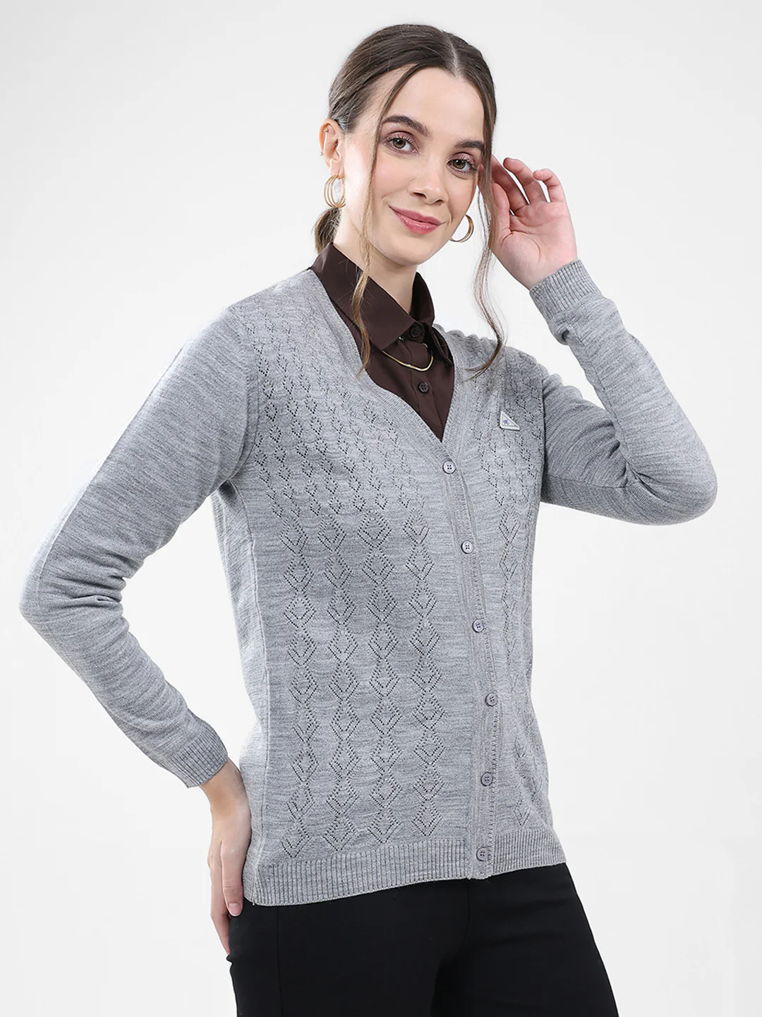 Women Grey Self Design V Neck Full Sleeve Cardigan - Image 4