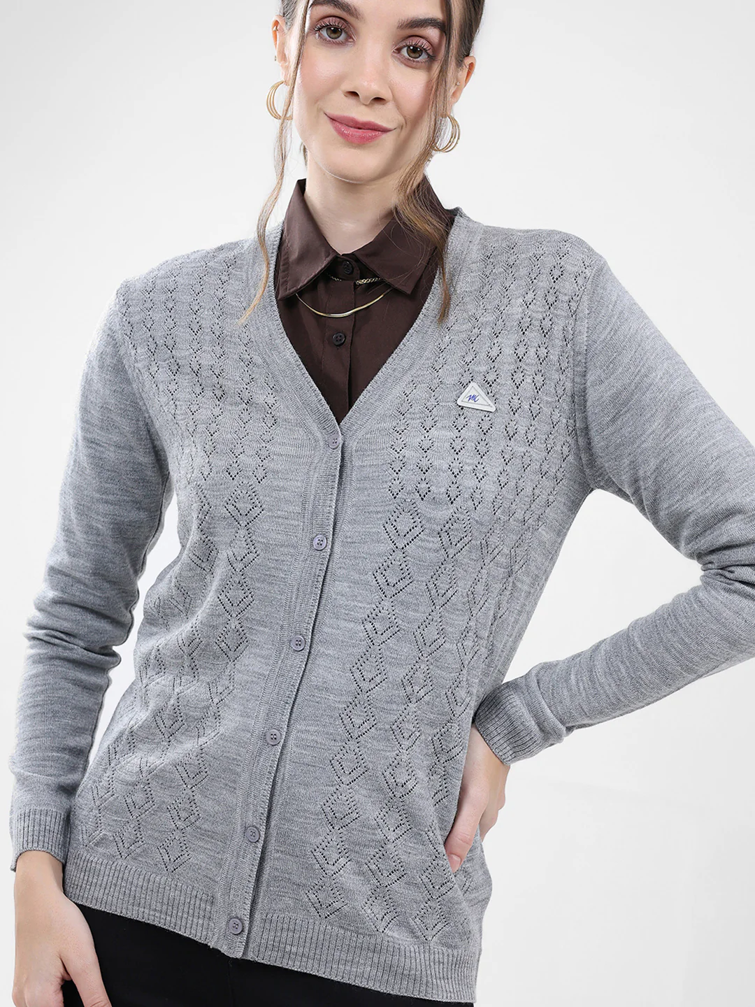 Women Grey Self Design V Neck Full Sleeve Cardigan - Image 6
