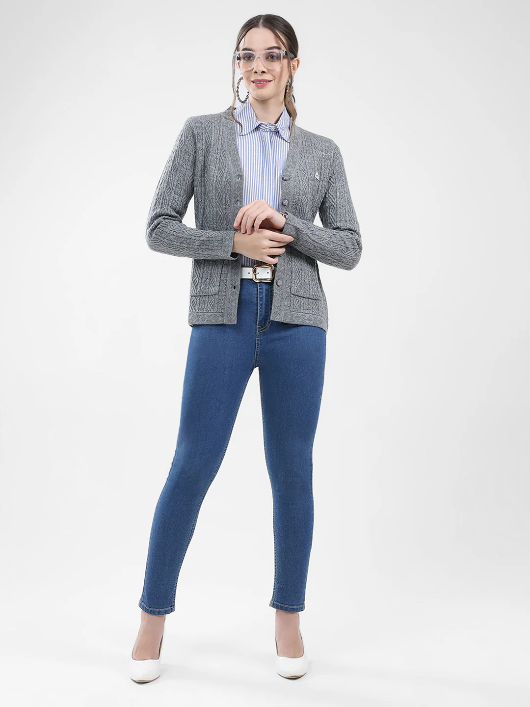 Women Grey Self Design V Neck Full Sleeve Cardigan - Image 2