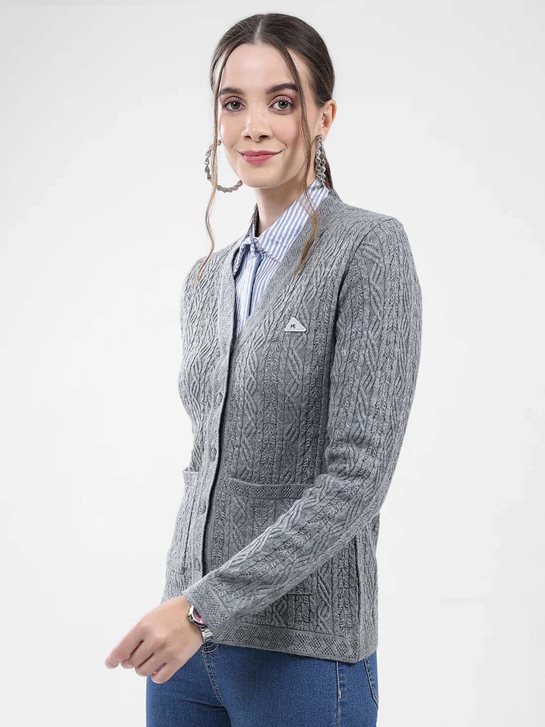 Women Grey Self Design V Neck Full Sleeve Cardigan - Image 3