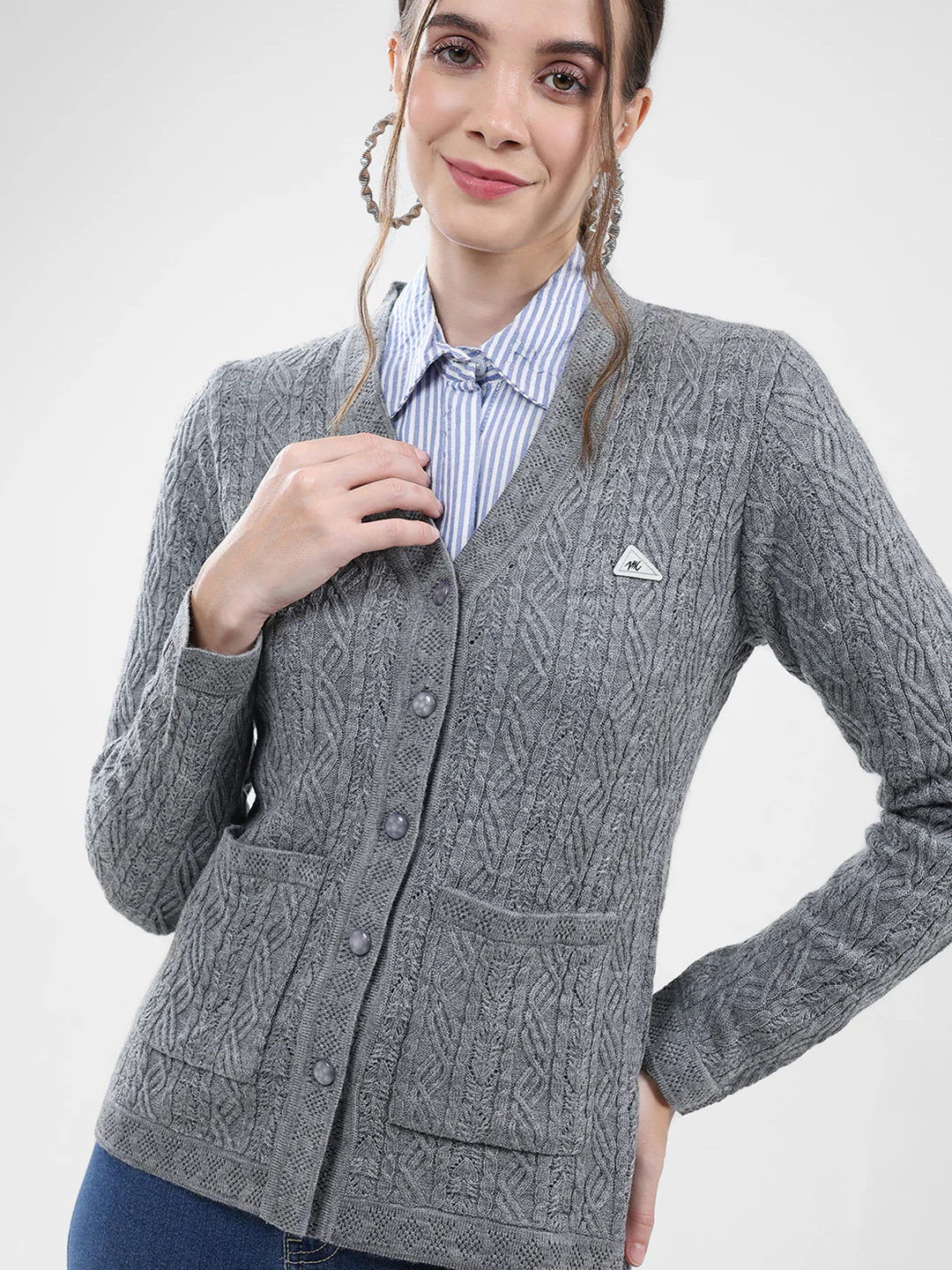 Women Grey Self Design V Neck Full Sleeve Cardigan - Image 7
