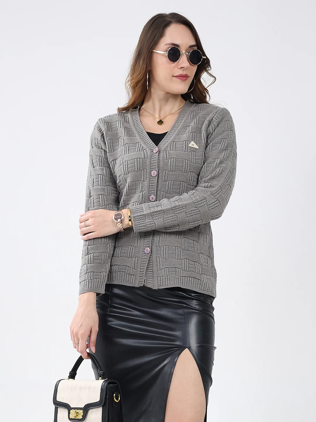 Women Grey Self Design V Neck Full Sleeve Cardigan - Image 6
