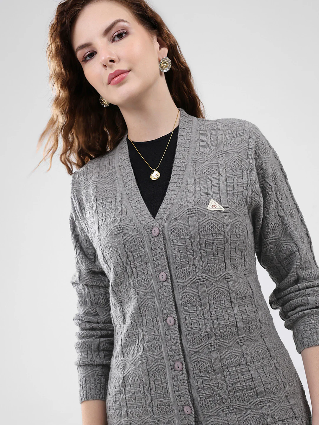 Women Grey Self Design V Neck Full Sleeve Cardigan - Image 6