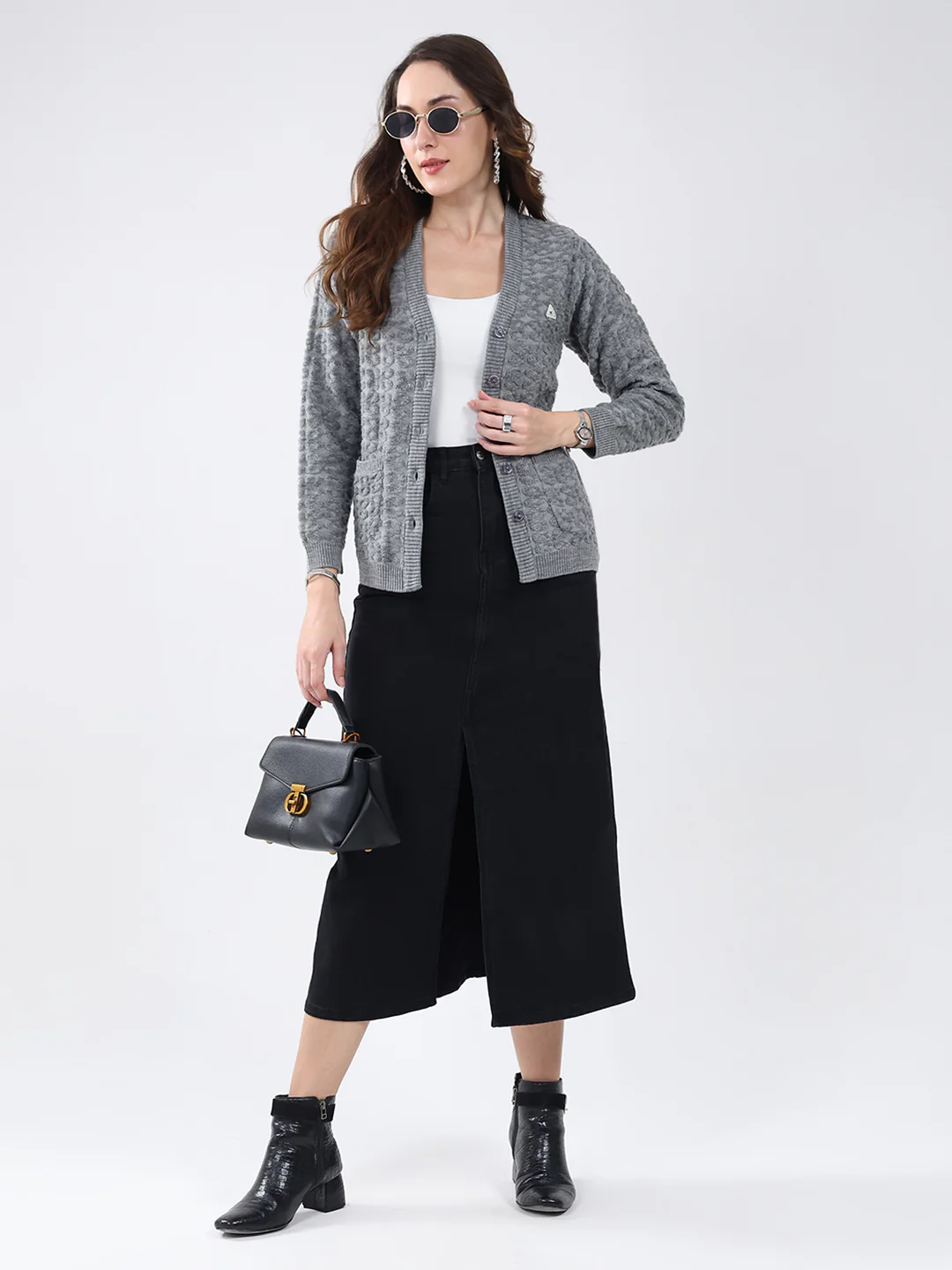 Women Grey Self Design V Neck Full Sleeve Cardigan - Image 2