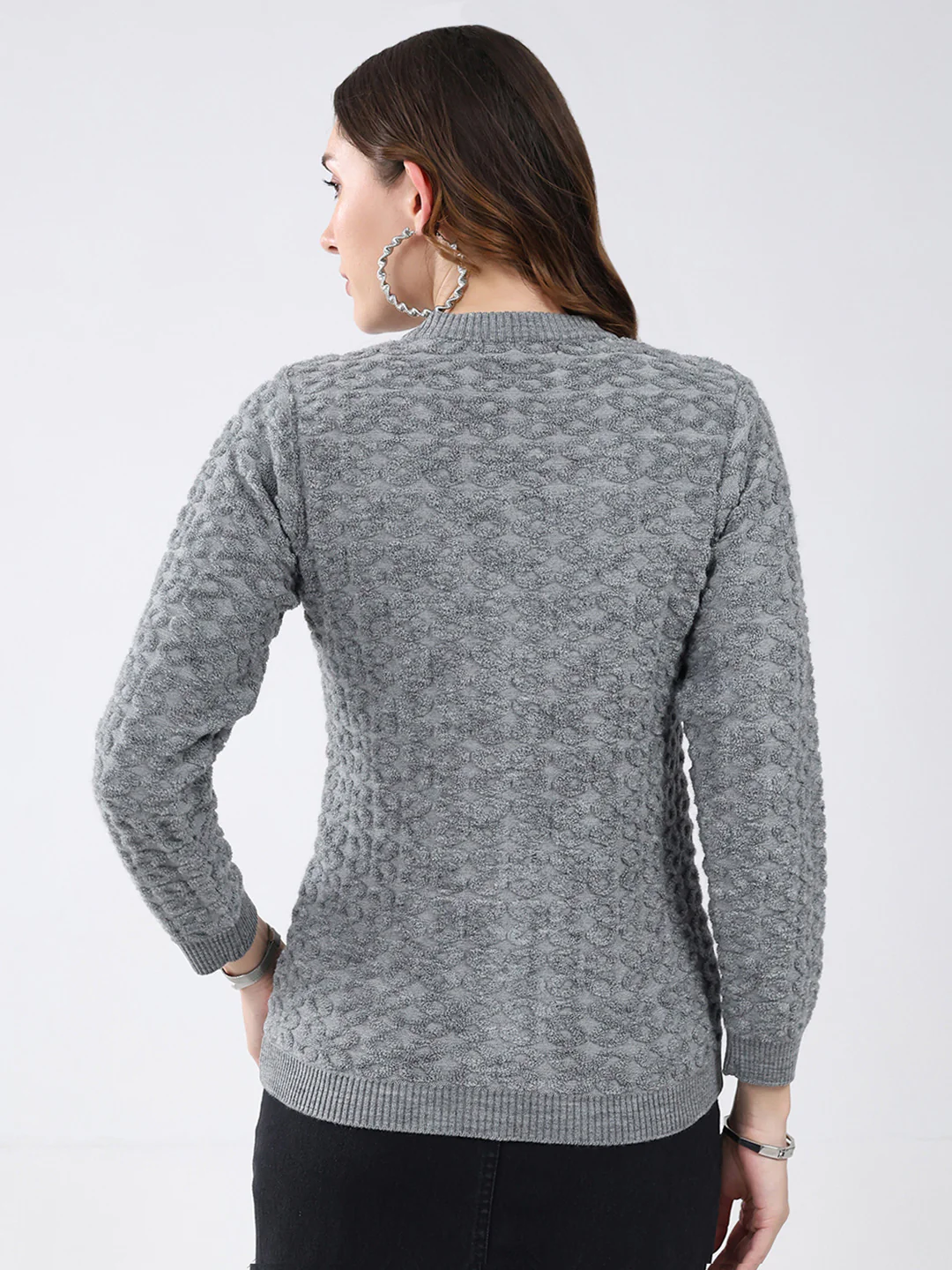 Women Grey Self Design V Neck Full Sleeve Cardigan - Image 5