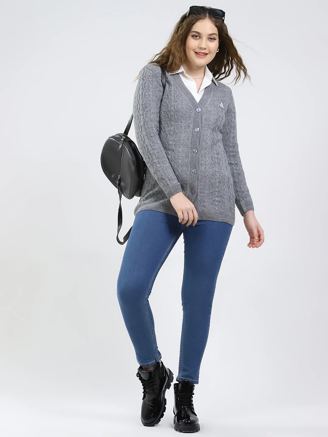 Women Grey Self Design V Neck Full Sleeve Cardigan - Image 2