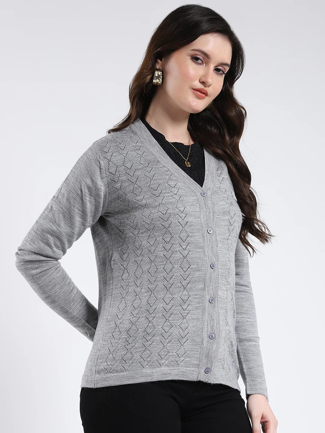 Women Grey Self Design V Neck Full Sleeve Cardigan - Image 4