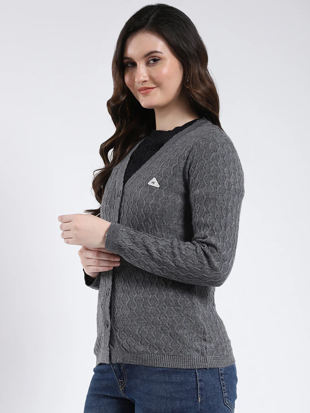 Women Grey Self Design V Neck Full Sleeve Cardigan - Image 3