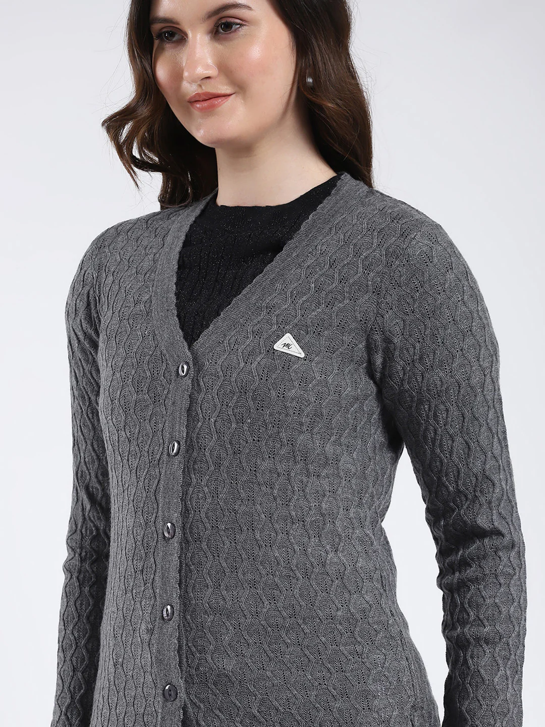 Women Grey Self Design V Neck Full Sleeve Cardigan - Image 7