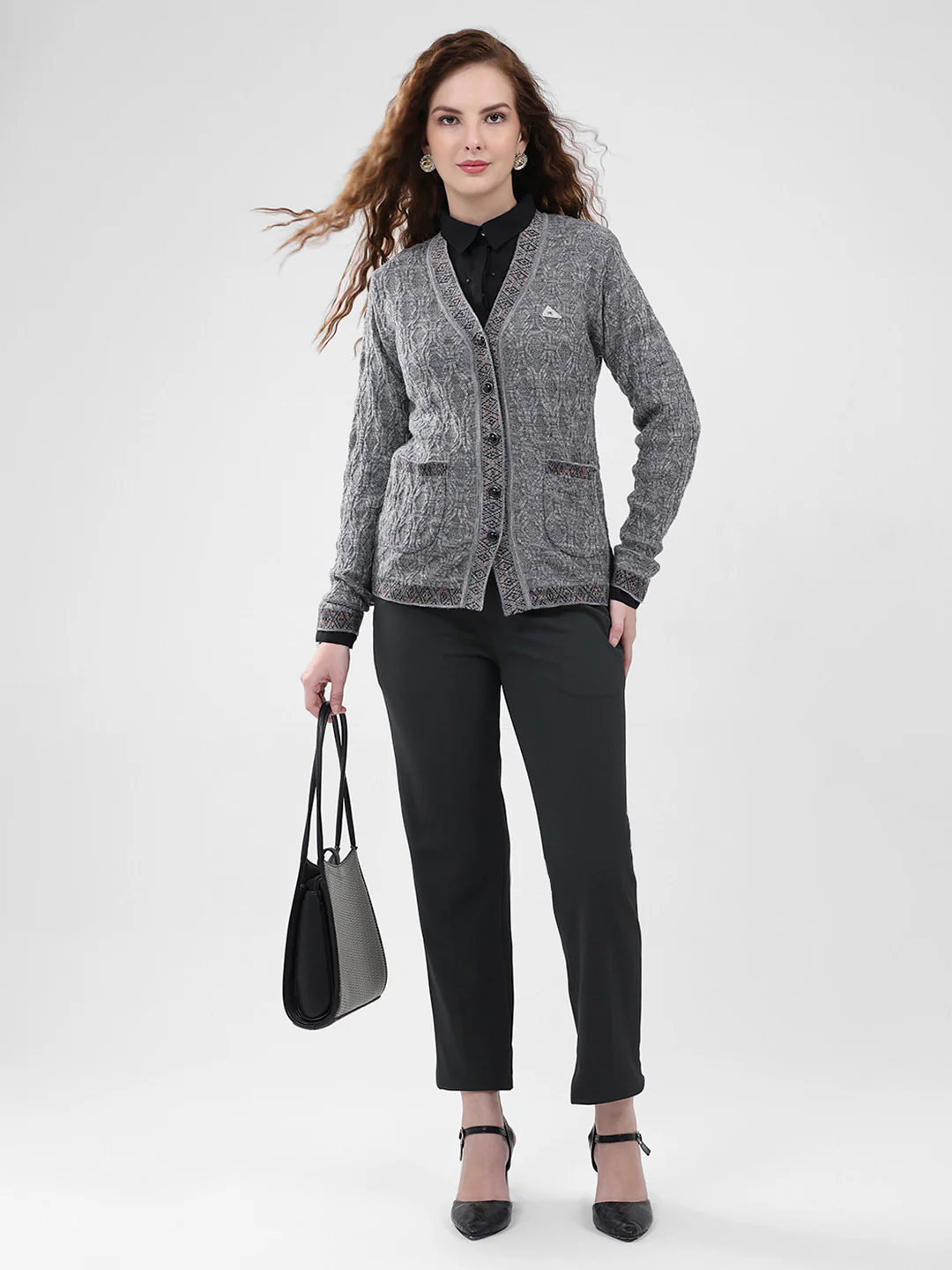 Women Grey Self Design V Neck Full Sleeve Cardigan - Image 2