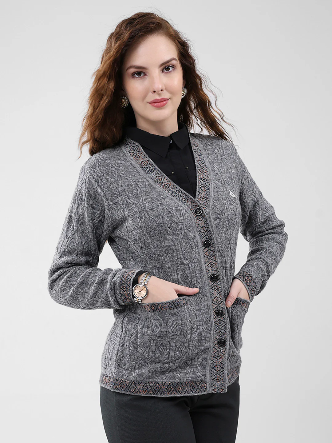 Women Grey Self Design V Neck Full Sleeve Cardigan - Image 4