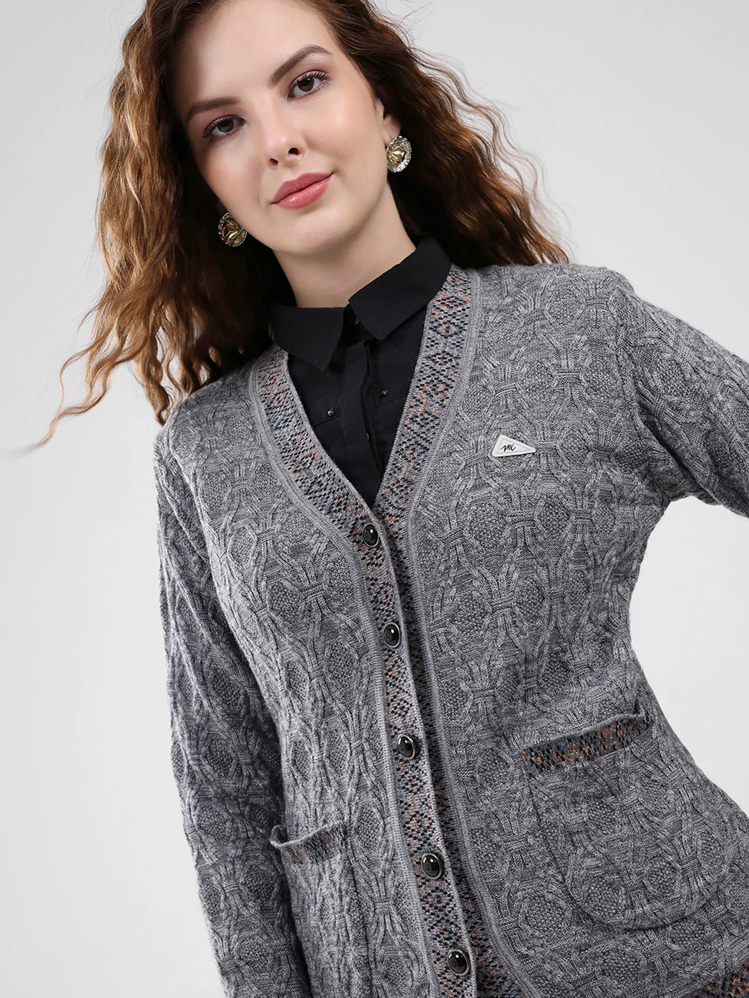 Women Grey Self Design V Neck Full Sleeve Cardigan - Image 6