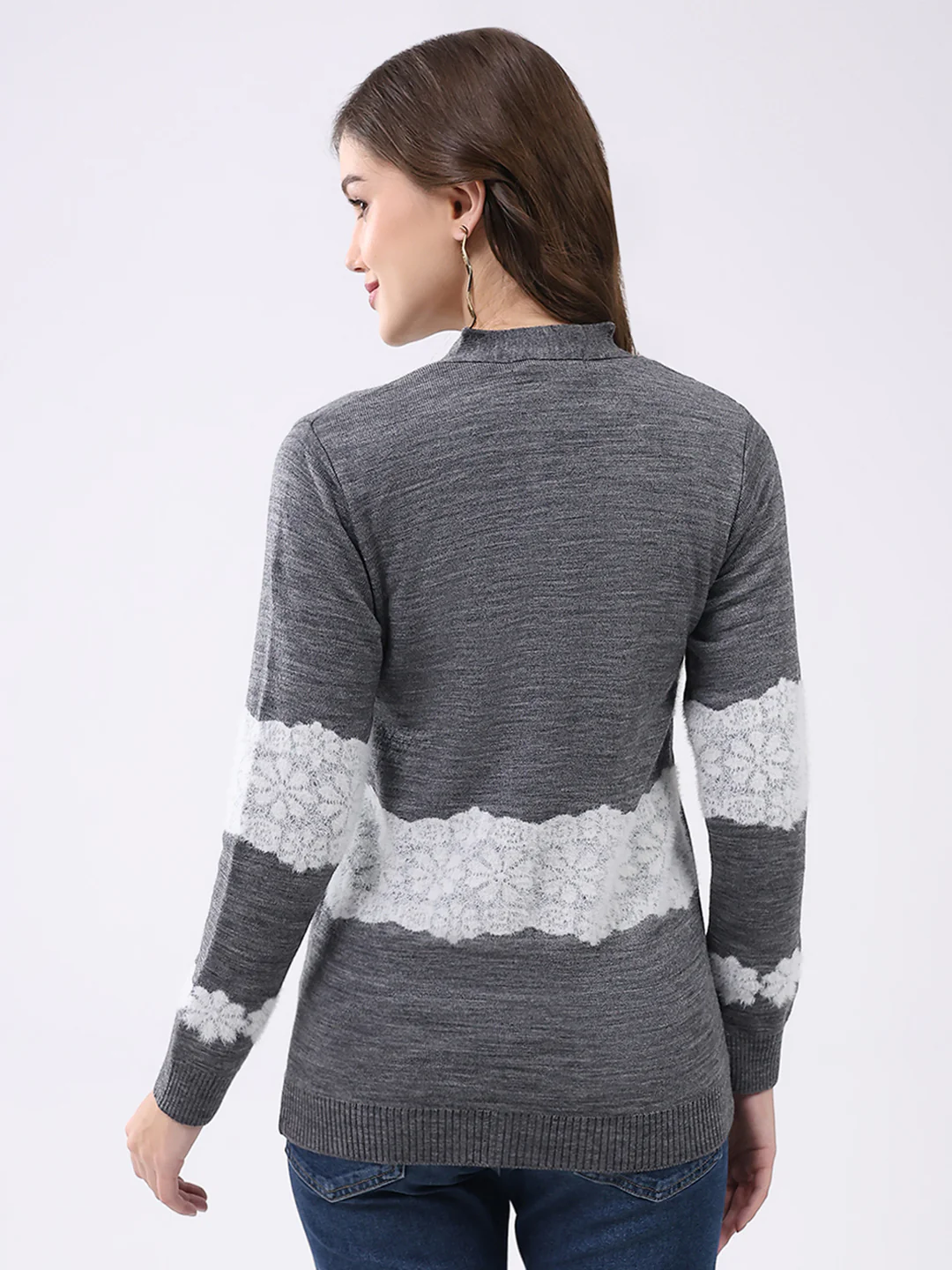 Women Grey Self Design V Neck Full Sleeve Cardigan - Image 5