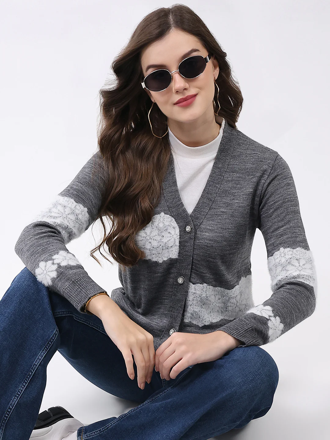 Women Grey Self Design V Neck Full Sleeve Cardigan - Image 6