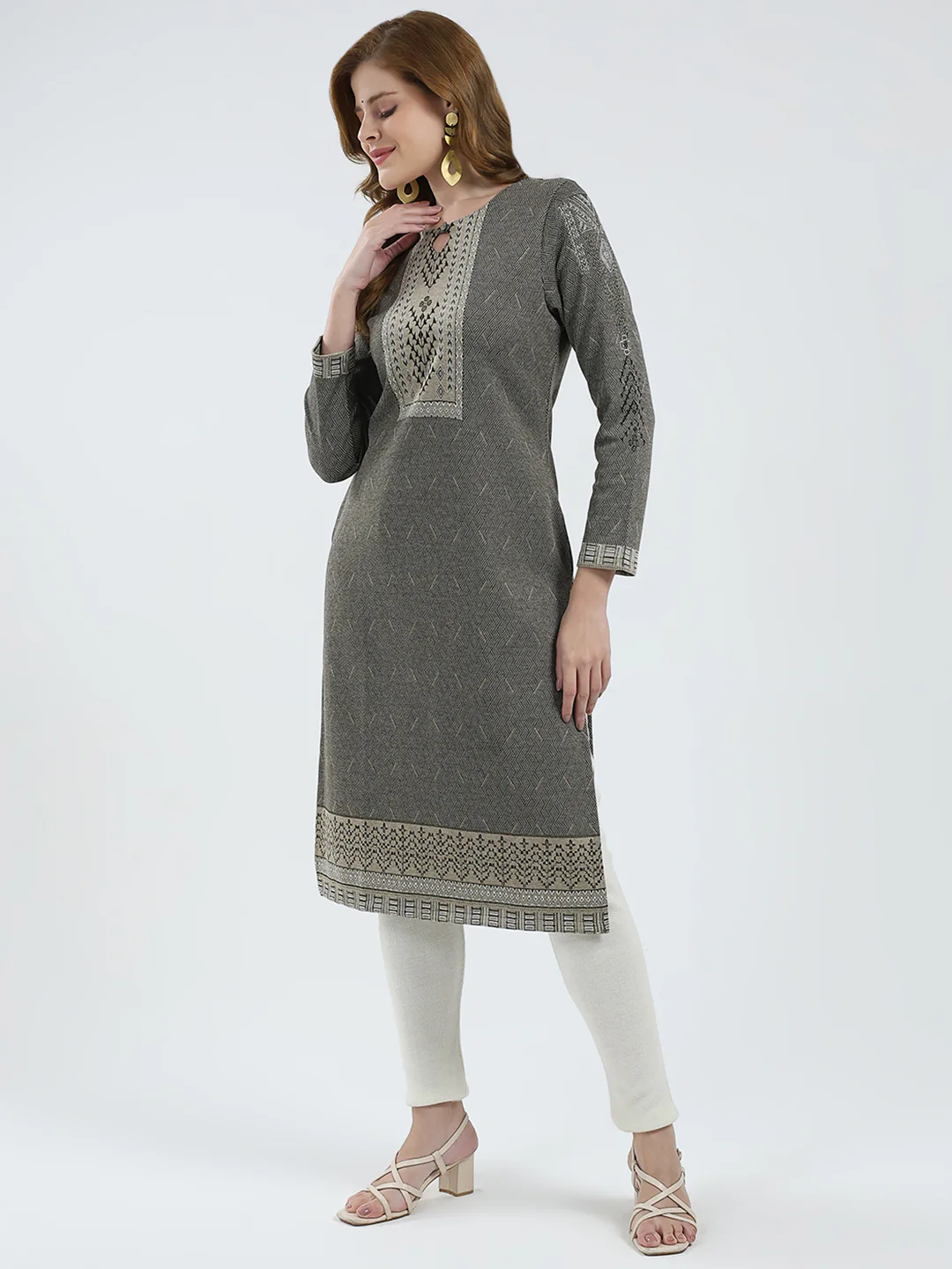 Women Grey Self Design Round Neck Full Sleeve Winter Kurti - Image 3