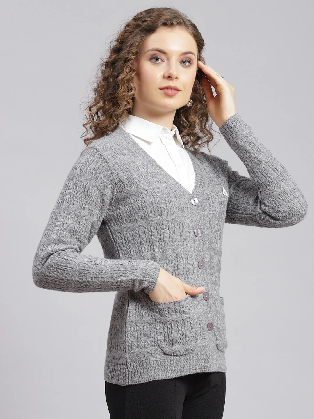 Women Grey Self Design Wool blend Cardigan - Image 2